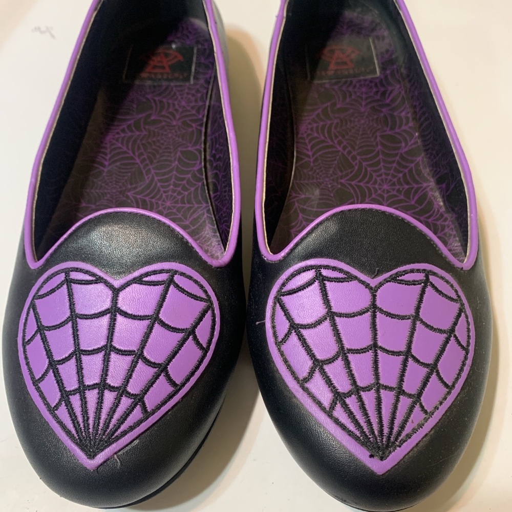 Strange Cvlt Black and Purple Spider Web Heart Ballet Flats